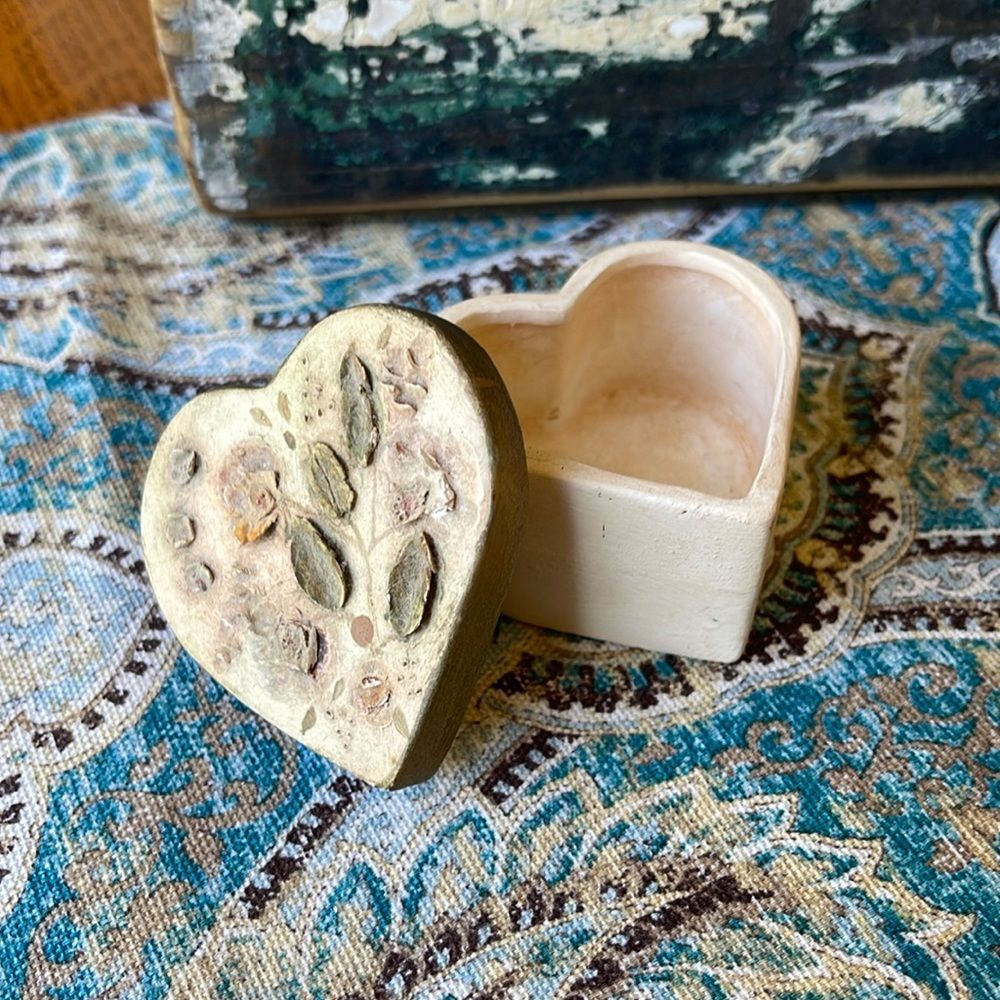 Pottery Heart Trinket Box Signed 1999 Floral Lid Vintage